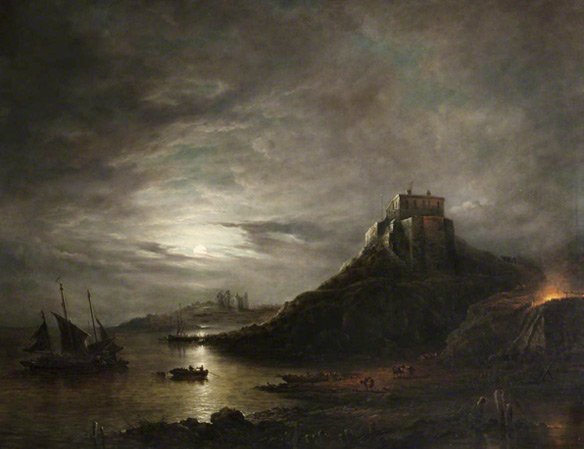 Lindisfarne Castle and Abbey, Holy Island, by Moonlight – John Moore of Ipswich