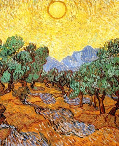 Olive Trees with Yellow Sky and Sun