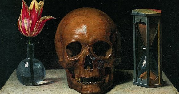 Vanitas Still Life with a Tulip, Skull and Hour