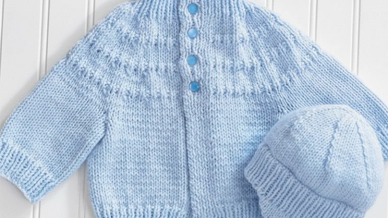 Bernat Knit Yoke Baby Cardigan & Hat