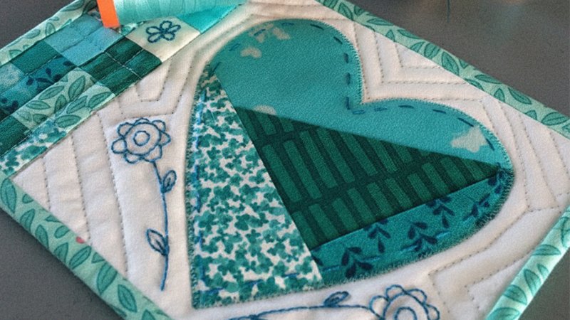 Teal Mini Swap Embroidered Mug Rug