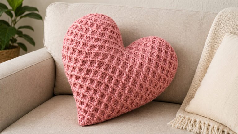 Crochet Waffle Heart Pillow