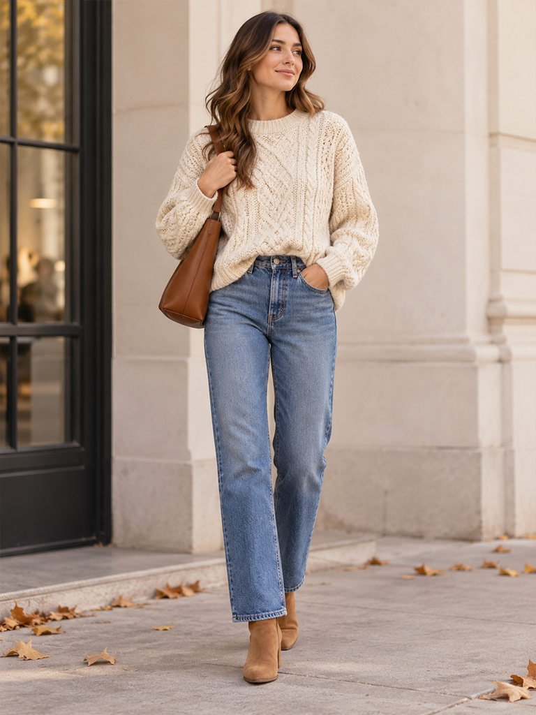 An Oversized Knit Sweater With Straight-Leg Jeans