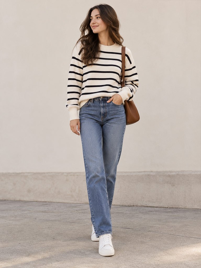 Striped Crewneck Sweater, Medium-Wash Straight-Leg Jeans, and White Sneakers