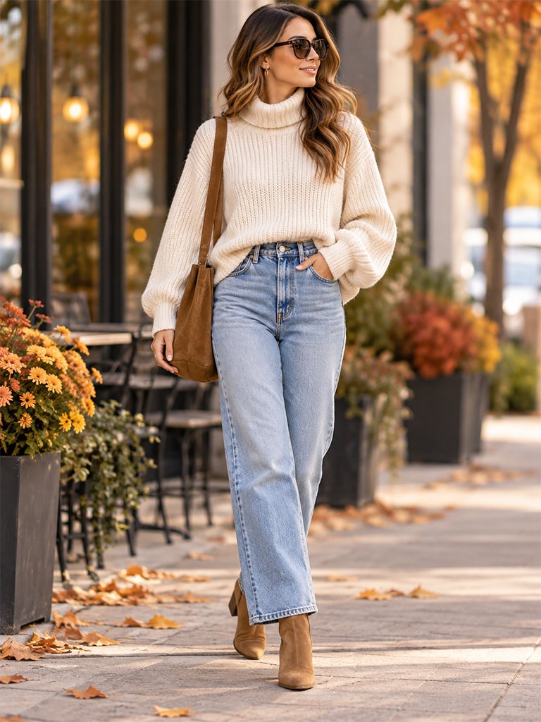 The Classic Cream Sweater and Light-Wash Denim