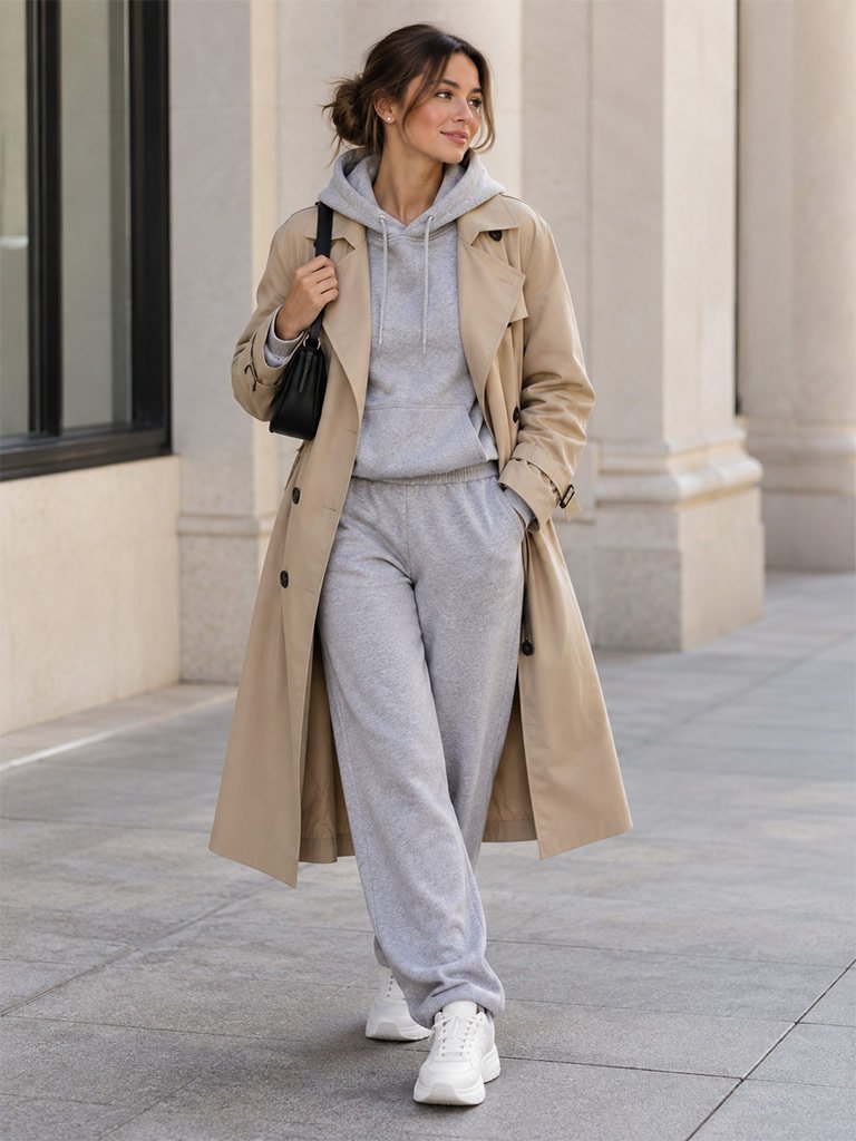 Beige Trench Coat and Casual Hoodie
