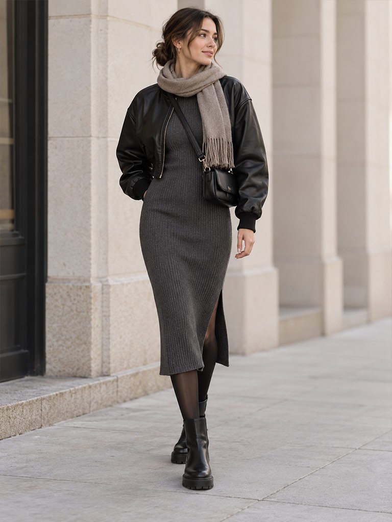 Cropped Bomber Jacket and Ribbed Knit Dress