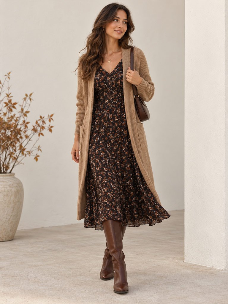 A Long Cardigan With a Midi Dress