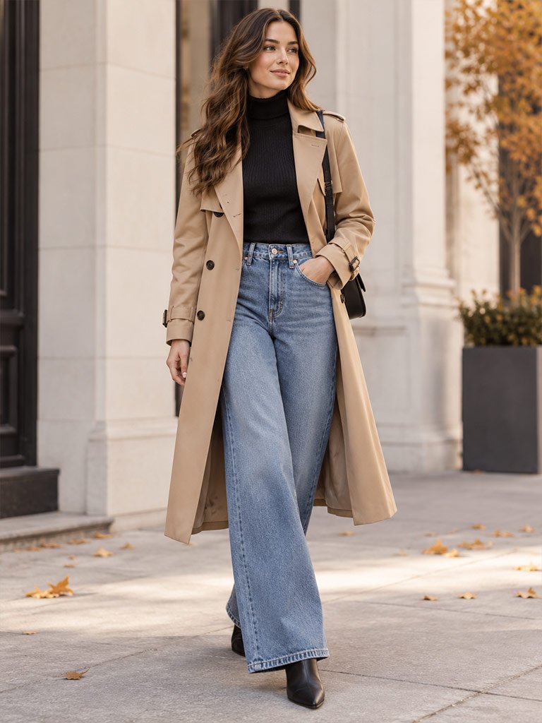 Classic Tan Trench Coat, Fitted Turtleneck, Wide-Leg Blue Jeans, and Ankle Boots