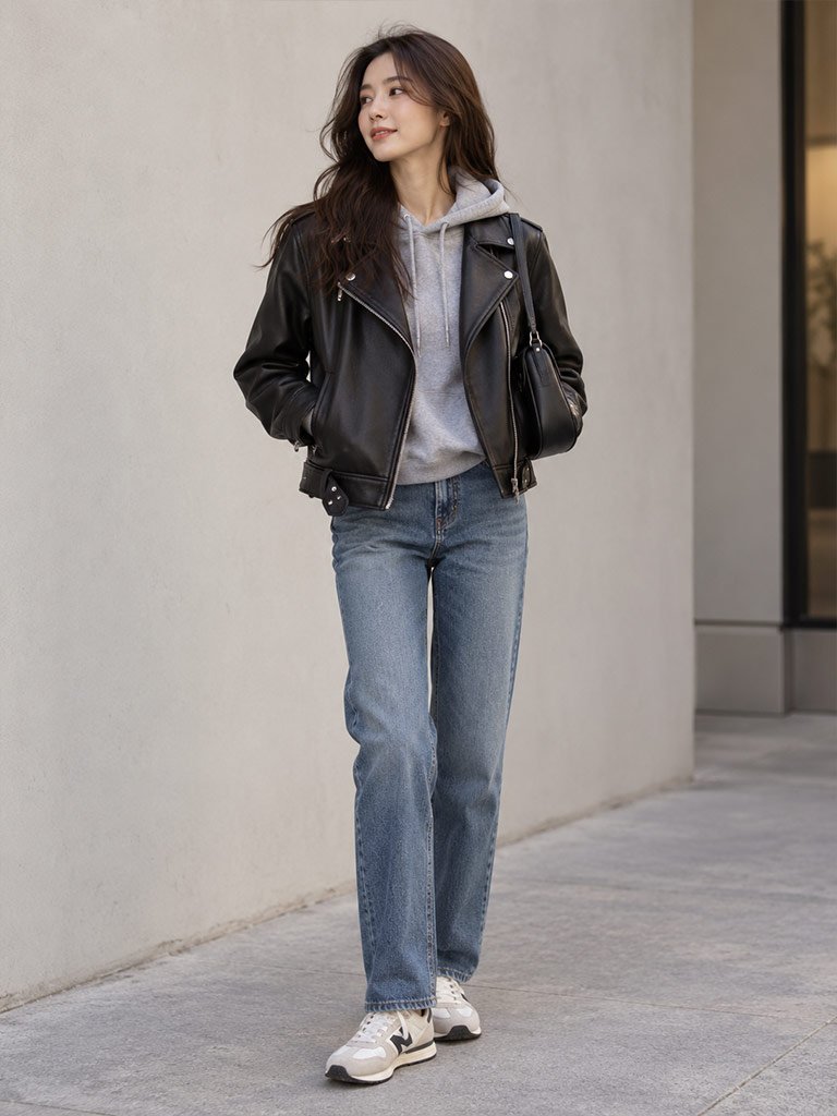 Leather Moto Jacket, Hoodie, and Straight Jeans