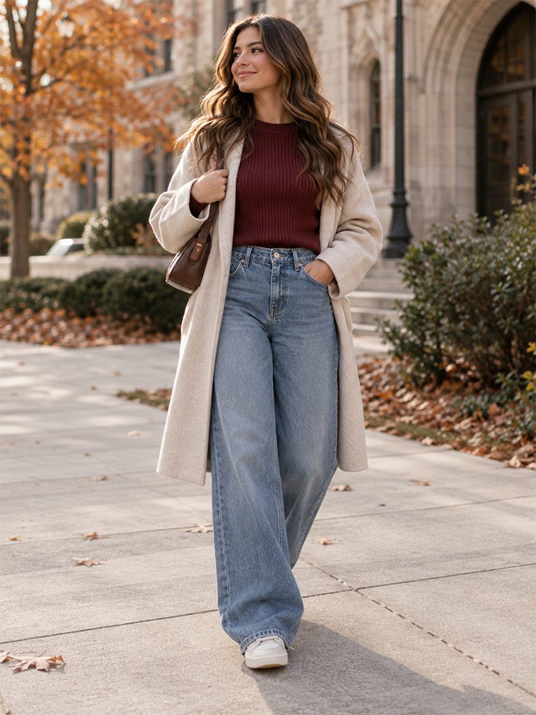 Wide-Leg Jeans and a Ribbed Knit Sweater