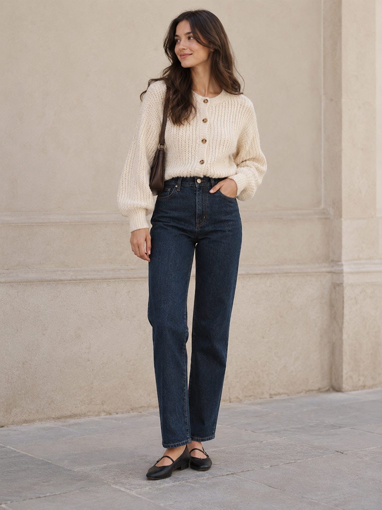 Buttoned Chunky Knit Cardigan, High-Waisted Dark-Wash Jeans, and Ballet Flats