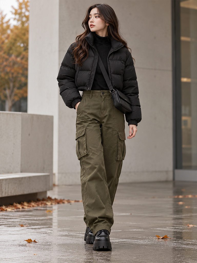 Cropped Puffer, Cargo Pants, and Platform Boots