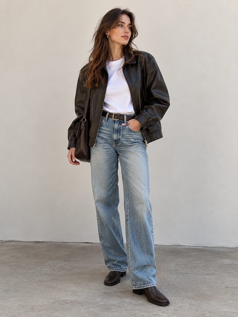 Relaxed Leather Jacket, Tucked-In White T-Shirt, and Vintage-Wash Jeans