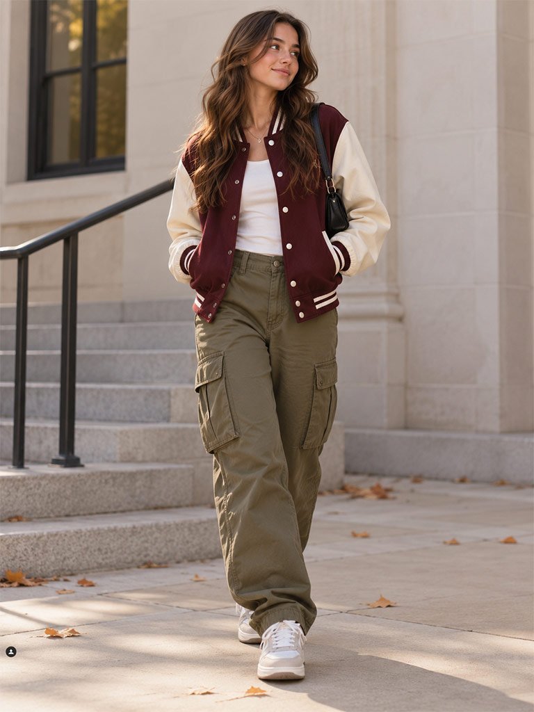 Varsity Jacket and Earth-Toned Cargo Pants