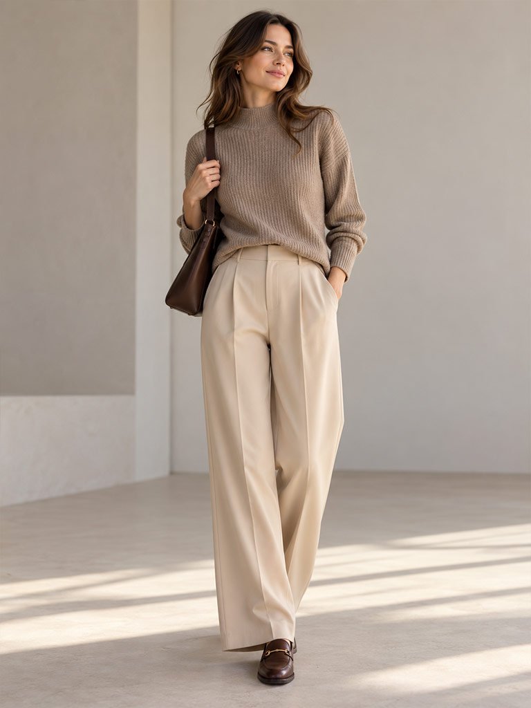 A Tonal Knit Sweater With Wide-Leg Trousers