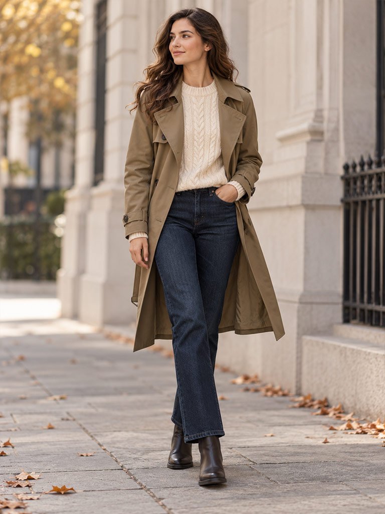 Trench Coat, Cable-Knit Sweater, and Dark Denim