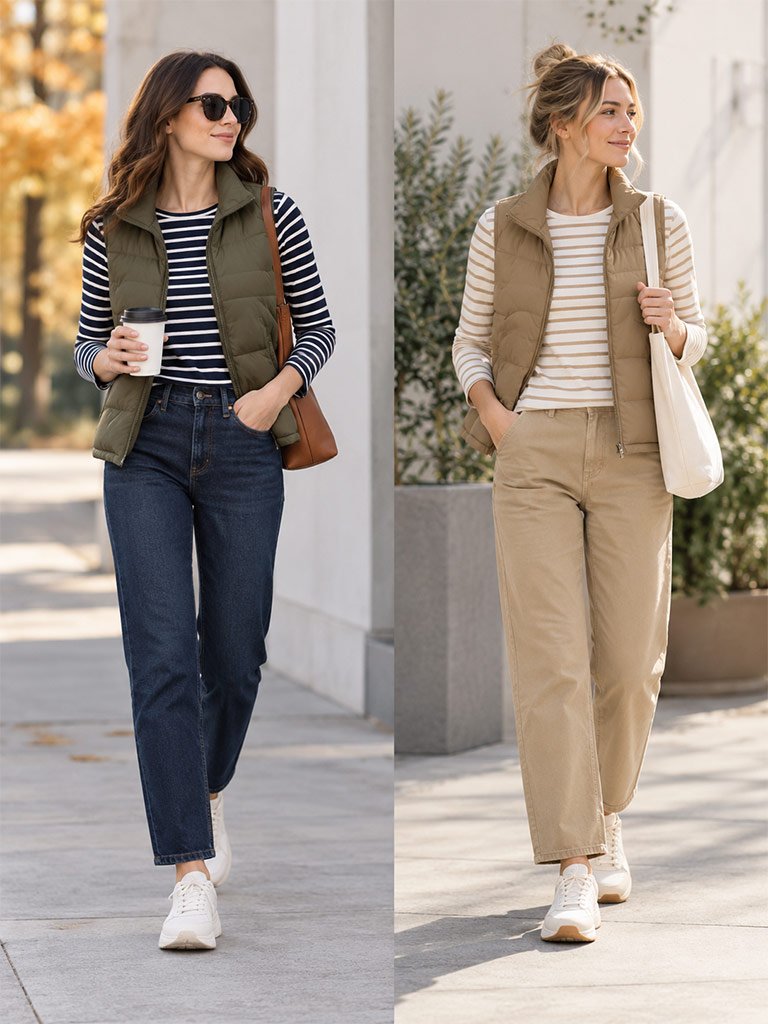 A Puffer Vest and Striped Long-Sleeve Tee