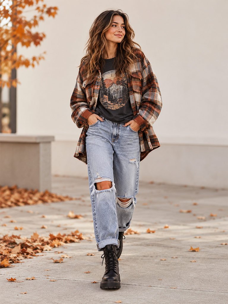 Oversized Plaid Shacket, Graphic T-Shirt, Boyfriend Jeans, and Combat Boots