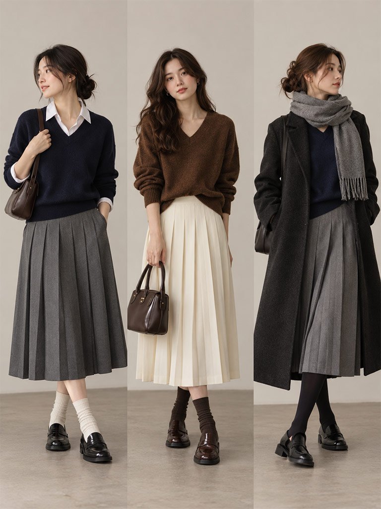 V-Neck Sweater, Pleated Skirt, and Loafers