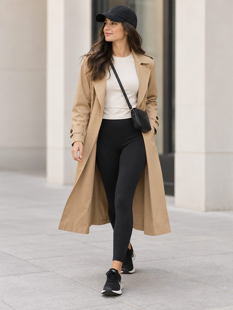 Layer a Long Trench Coat over Athleisure