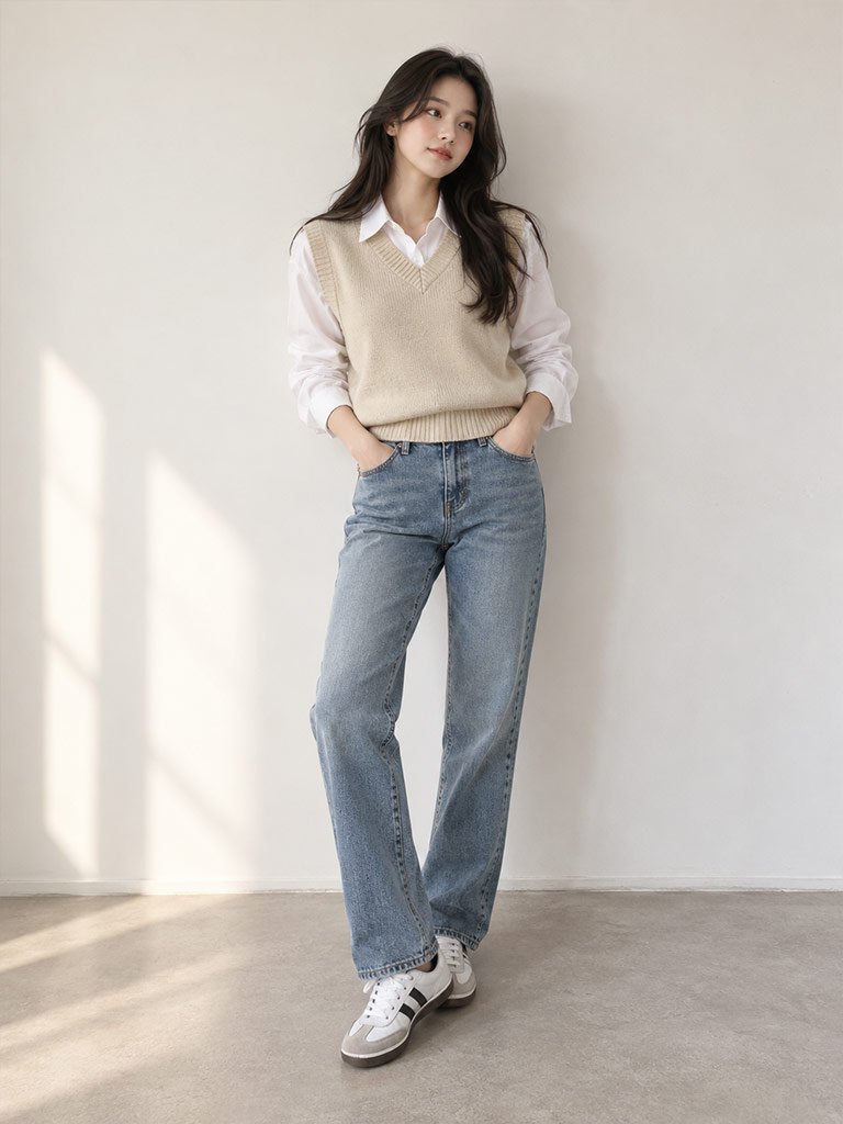 Solid Knit Sweater Vest, White Button-Down, Straight-Leg Jeans, and Retro Sneakers