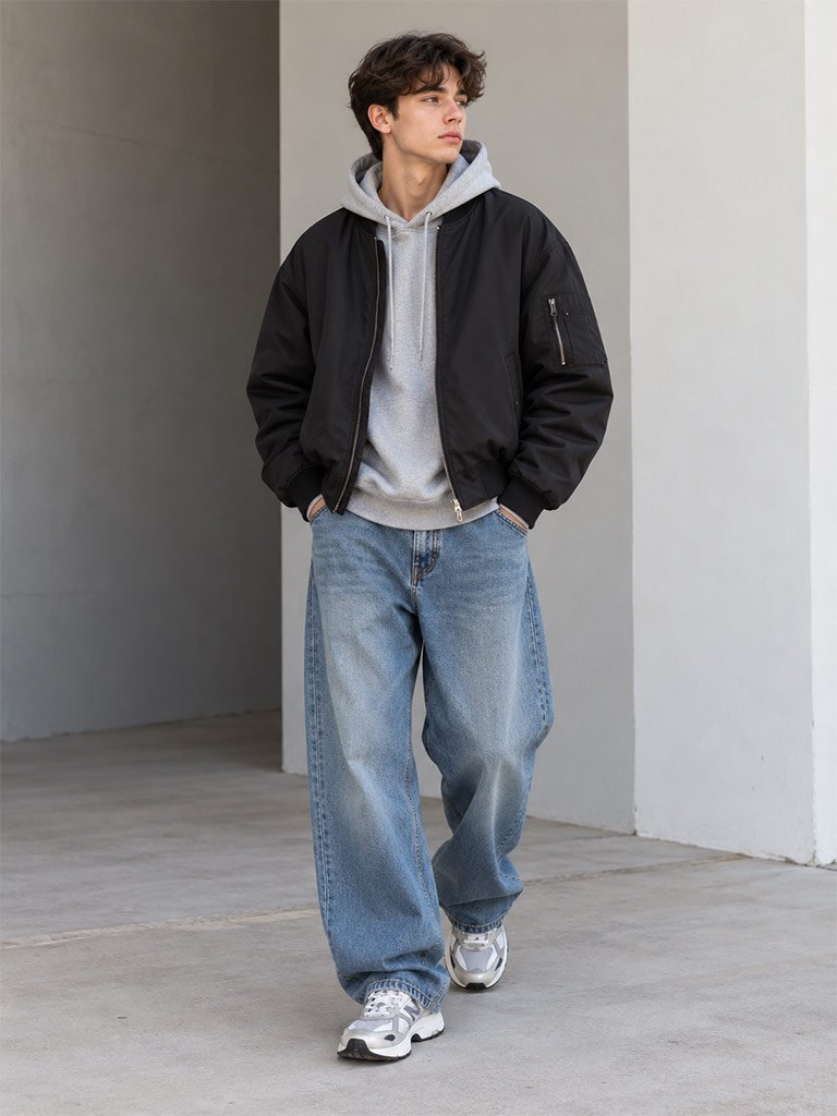 Slouchy Bomber Jacket, Grey Hoodie, Baggy Jeans, and Retro Athletic Sneakers